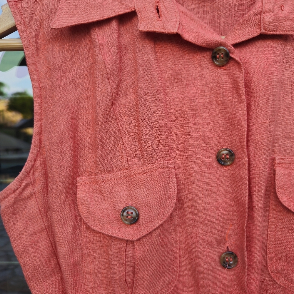 100% LINEN  button up tie waist coral dress, sleeveless w collar 052 - Picture 4 of 8
